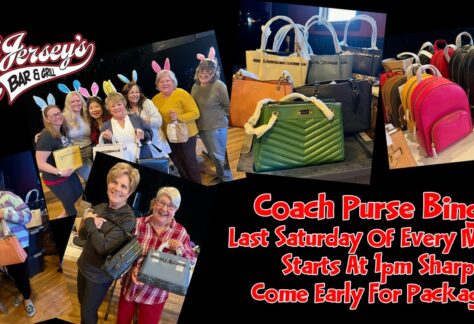 post of ladies holding purses to promote coach purse bingo
