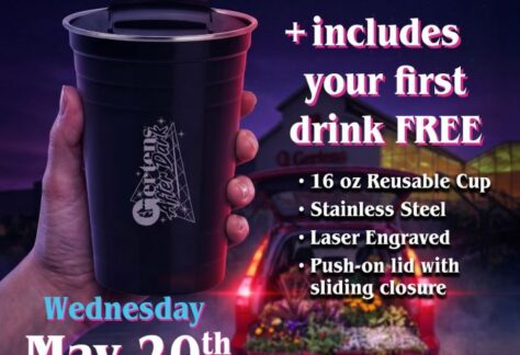 gertens after dark [icture showing hand holding cup with text about the event