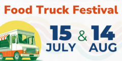 poster promoting the igh food truck festival dates for 2026. food truck pictures with the dates july 15 & august 14