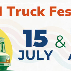 poster promoting the igh food truck festival dates for 2026. food truck pictures with the dates july 15 & august 14