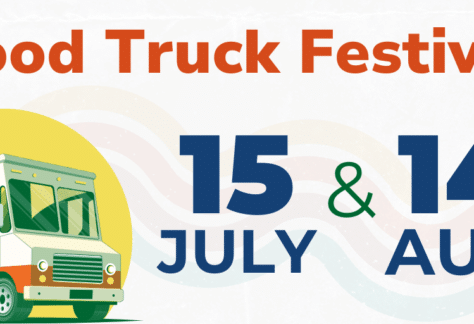 poster promoting the igh food truck festival dates for 2026. food truck pictures with the dates july 15 & august 14