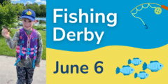 poster promoting the igh fishing derby. kid holding a fish in his hand