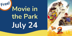 poster for a free movie in the park featuring the movie bad guys 2