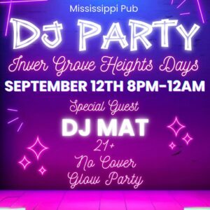purple/pink poster that says DJ Party igh dATS SPECIAL GUEST dj mAT 21+