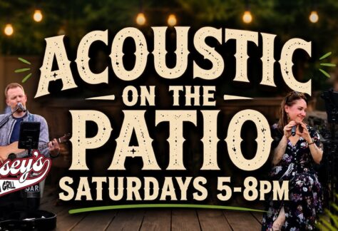 post of acoustics on the patio Saturday 5-8 with clips pf people singing on the poster